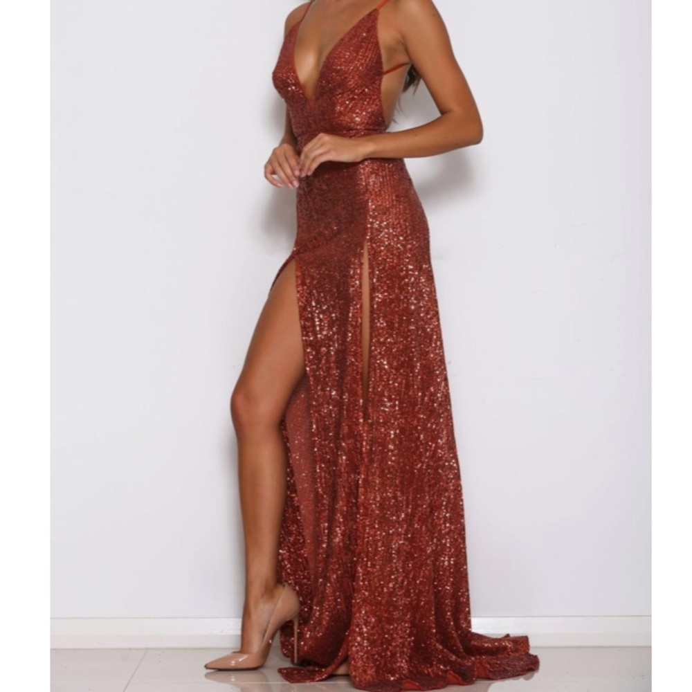 NWT ABYSS sequin “Encore” gown in burnt orange